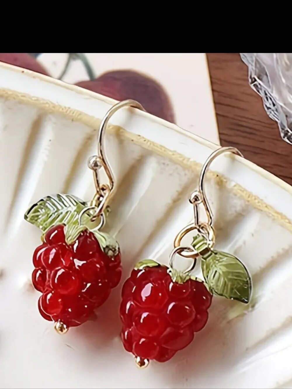 ✨3 FOR $28✨🆕️ Red Raspberry Drop Earrings with Green Leaf Accent